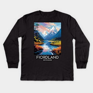 A Pop Art Travel Print of Fiordland National Park - New Zealand Kids Long Sleeve T-Shirt